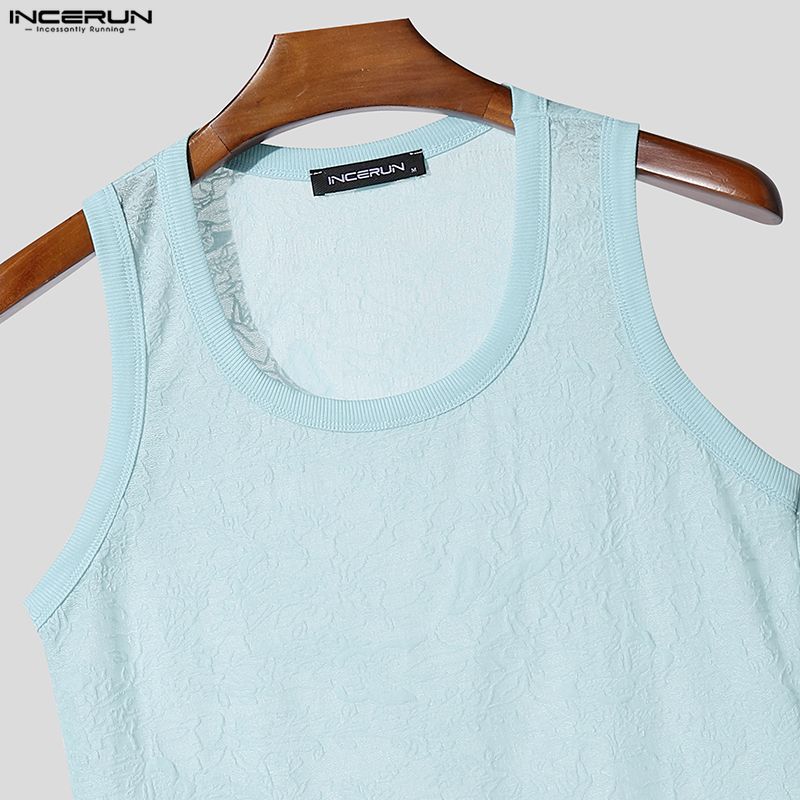 INCERUN Summer Men Sleeveless Lace Mesh Sheer Casual Fitted Tank Tops Vest