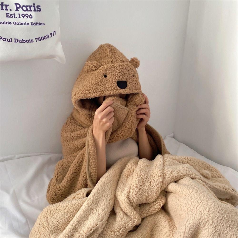 Kawaii Bear Hooded Blanket Fleece Material Wearable Blanket Winter Hooded Cloak Living Room