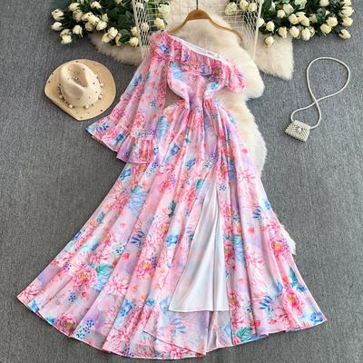 Sexy Women Diagonal Collar Chiffon Maxi Dress New Autumn Flare Sleeve Flower Print High Split Slim Bohemian Holiday Long Clothes