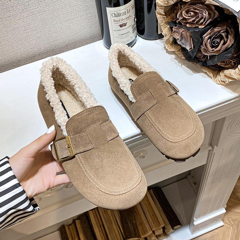 Lässige Lammwoll-Slipper Damen Flats Riemenschuhe Winter Pelzschuhe Damen Baumwoll-Mokassins Warme Schlupfstiefel aus Schafsfell