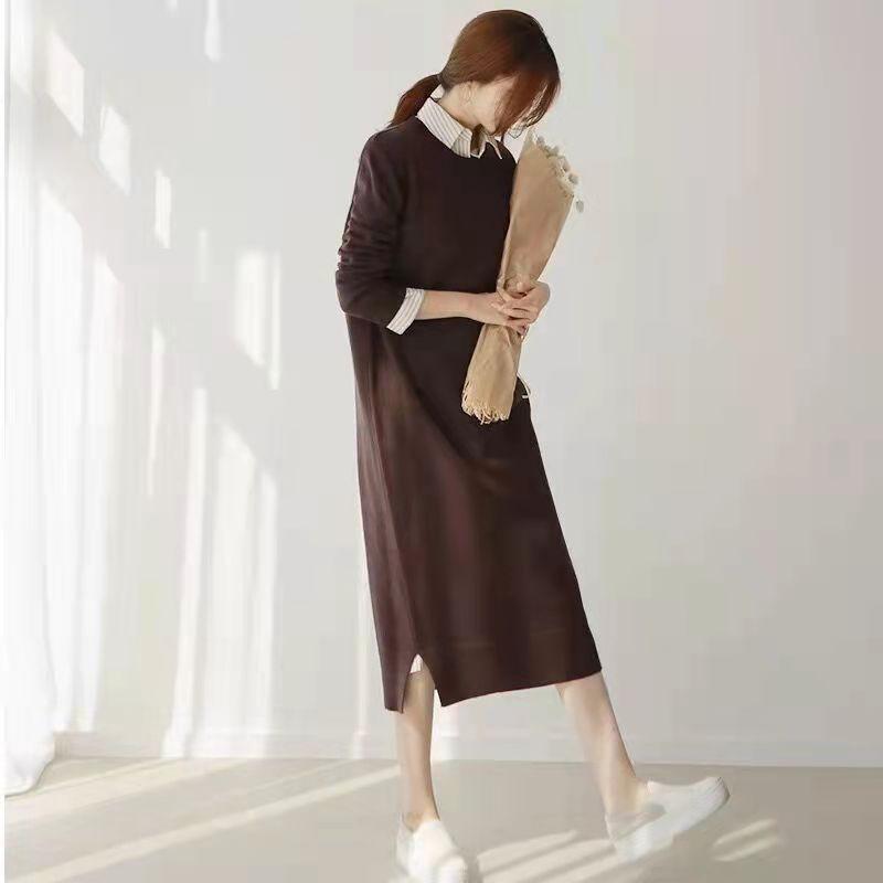 Autumn and Winter New Women's Round Neck Medium and Long Solid Color Knitted Bottoming Sweater Skirt Knee Dress