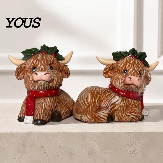 Winter Window Sill Accents 2Pcs Christmas Highland Cow Figurine, Resin Yak Statue with Red Gift for Lovers Scarf, Cute Animal Desktop Ornaments