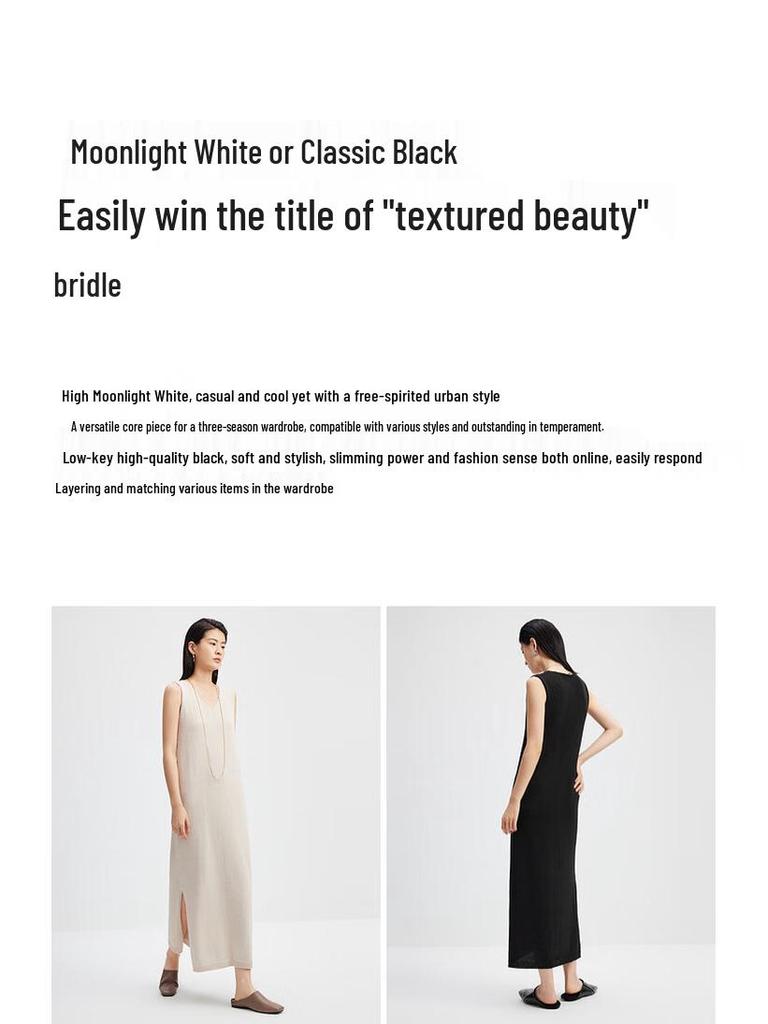 Sancai Minimalist V-Neck Slit Vest Midi Dress