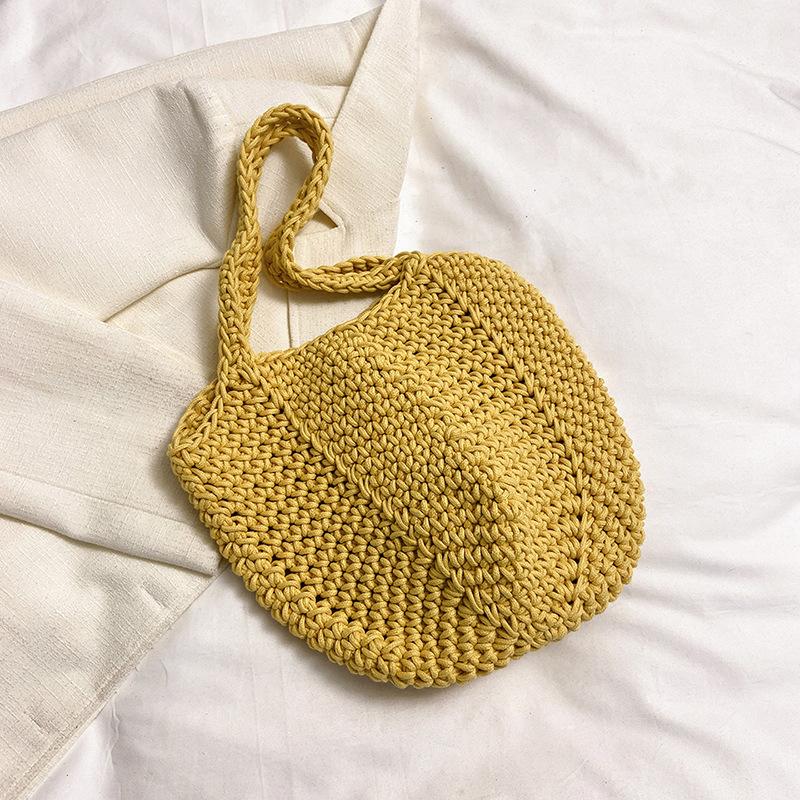 Casual large-capacity cotton thread woven bag, new openwork straw bag, lazy style shoulder bag, vacation beach bag, women's bag