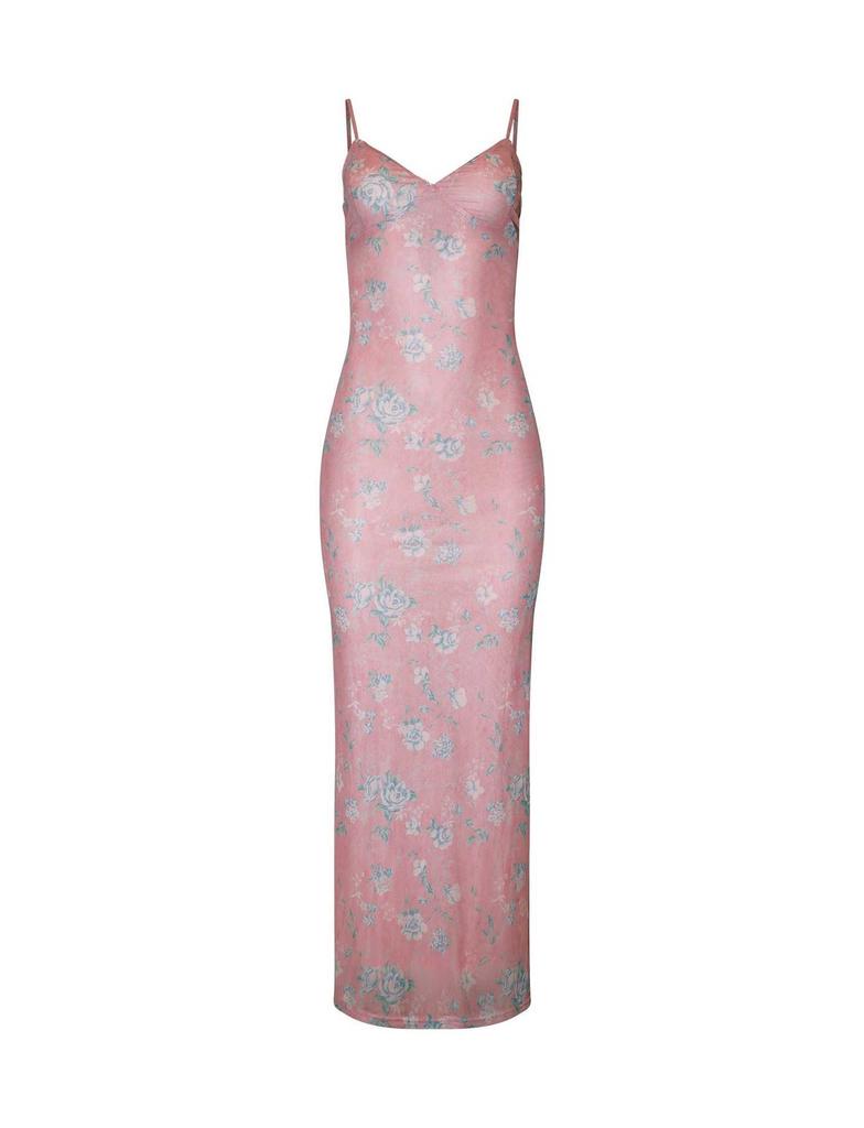Damen Sexy Geblümtes Maxikleid V-Ausschnitt Spaghettiträger mit Offenem Rücken Figurbetontes Geblümtes Rückenfreies Kleid für Sommerurlaub Strand Romantische Anlässe