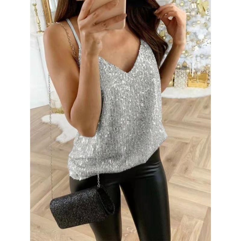 Sequin V-neck Sleeveless Loop Strap Sequin V Neck Sleeveless Loose Sling Tops