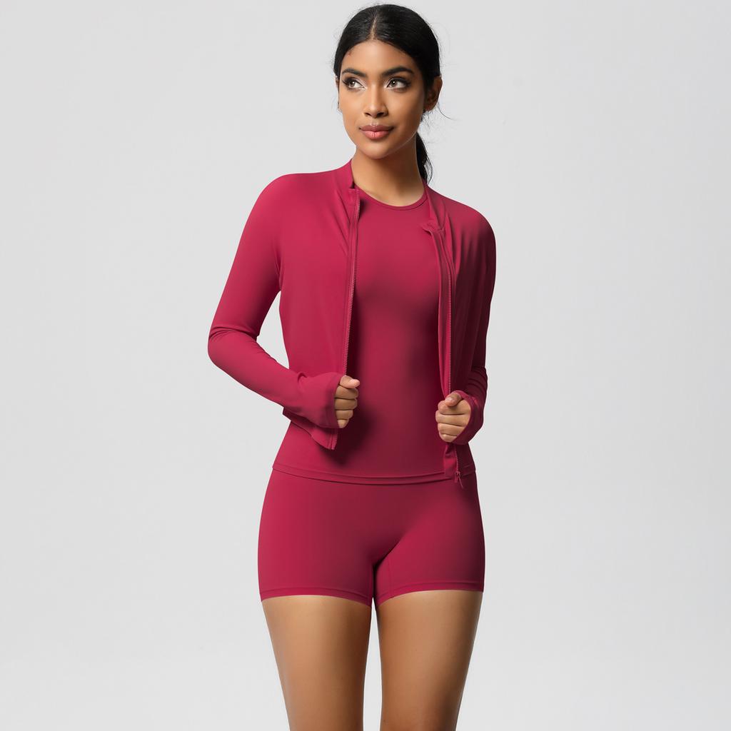 Naked Cardigan Jacket Round Neck Short Sleeved Three Piece Casual Yoga Running Fitness Suit Set For Women
