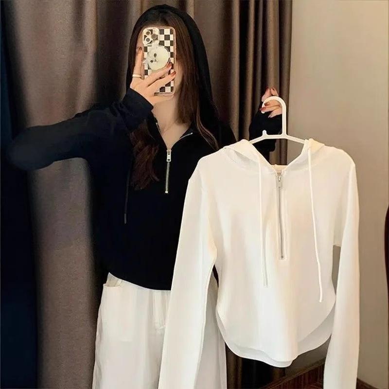 Women's Spring Autumn Hooded Half-Zip Long Sleeve Ribbed Slim Fit Top