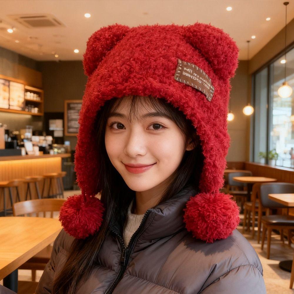 Wool Little Bear Ears Hat Bear Ears Balaclava Hat Fashion Winter Plush Hat  Female/Girls