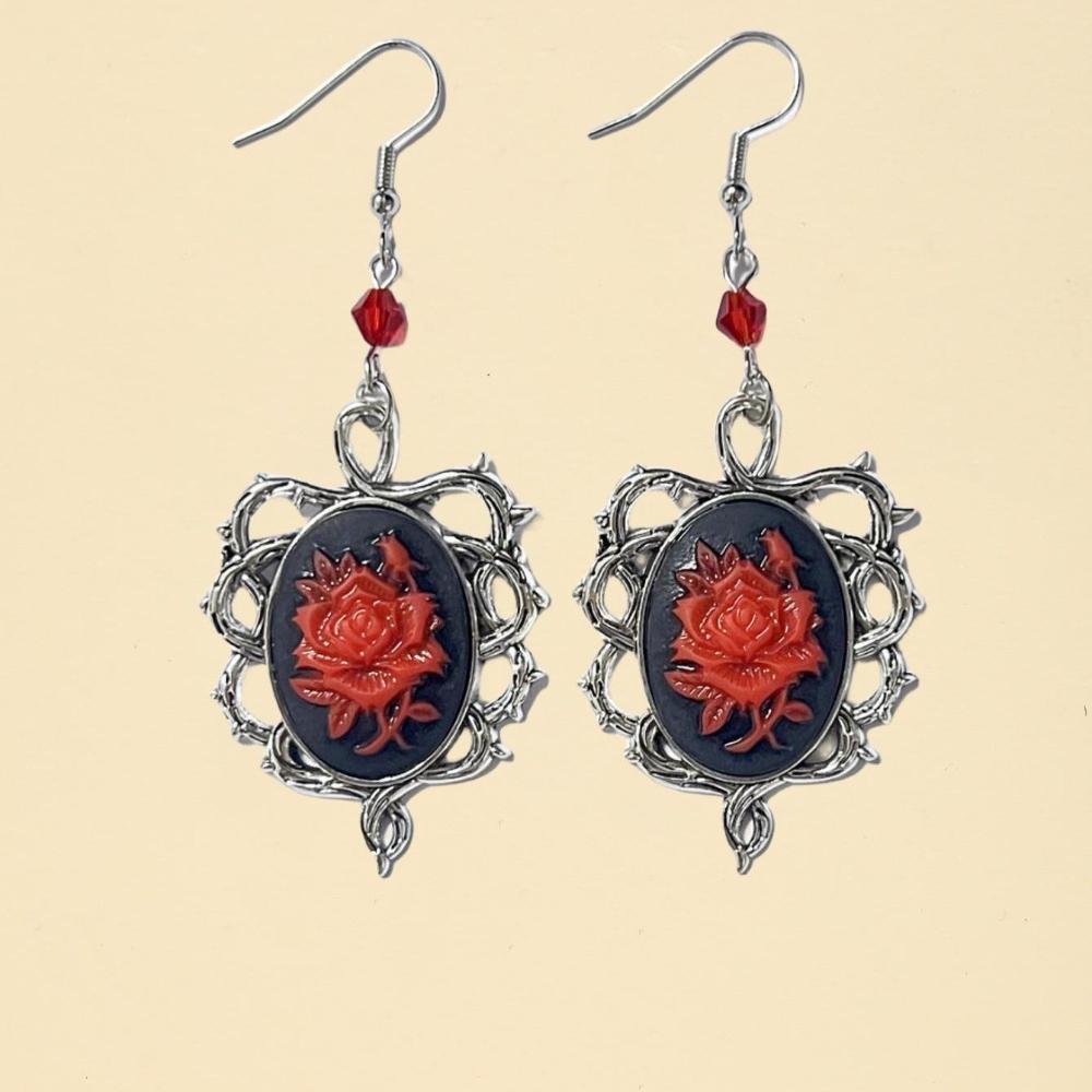 Gothic Silver Color Oval-shaped Thorny Frame Red Rose Flower Relief Dangle Earrings for Women Halloween Party Punk Jewelry Gifts