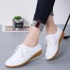 Women's White Lace-up Round Toe Non-slip Genuine Leather Flat Shoes - Casual & Versatile Korean Style