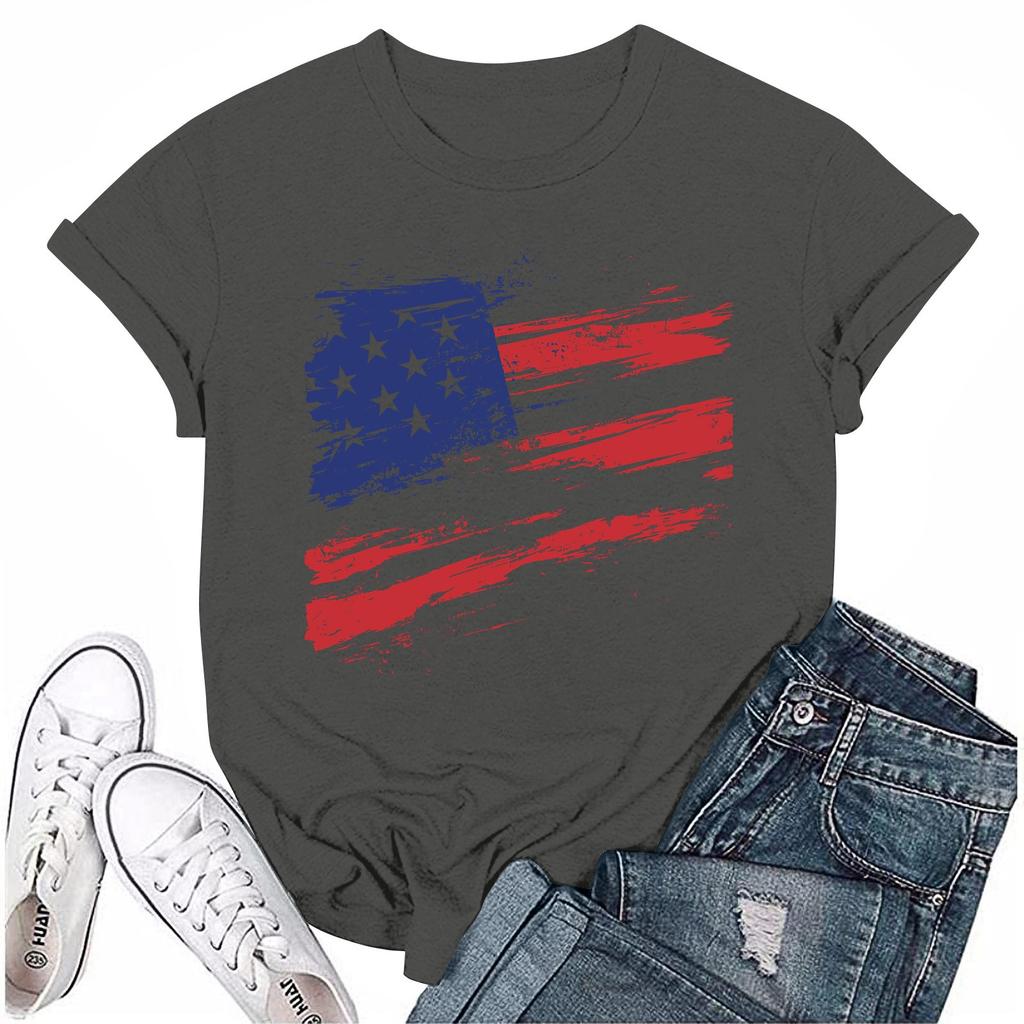 Adults Casual Daily Round Neck Independence Day Printed Short Sleeved T-shirt Letter Top