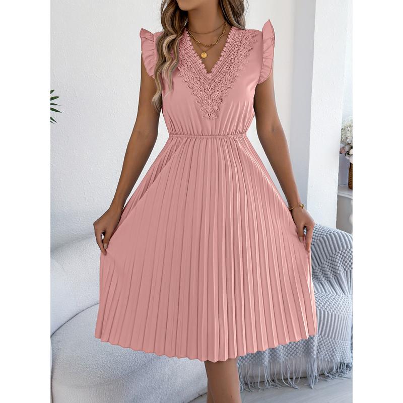 Abito Gonna Casual in Pizzo Scollo a V Vita Pieghettata Stringivita Abito Lungo da Donna Stile Streetwear Moda Transfrontaliera