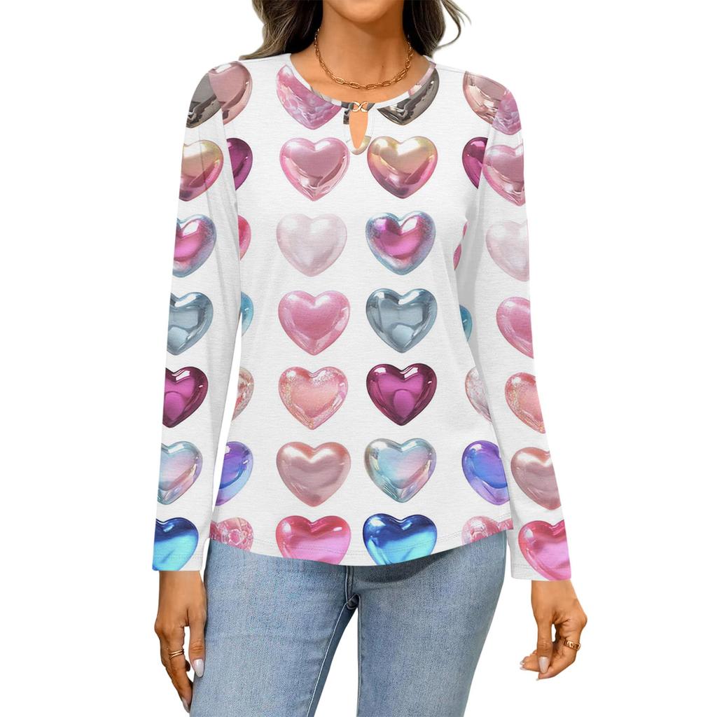 Women's Casual Round Neck Hollow,out Pullover Long Sleeve Valentine's Day Heart Print T,shirt Top