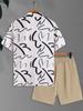 Lightweight Breathable Men's 2-Piece Set, Abstract Print Short Sleeve Shirt & Loose Khaki Shorts, Daily Casual Wear
