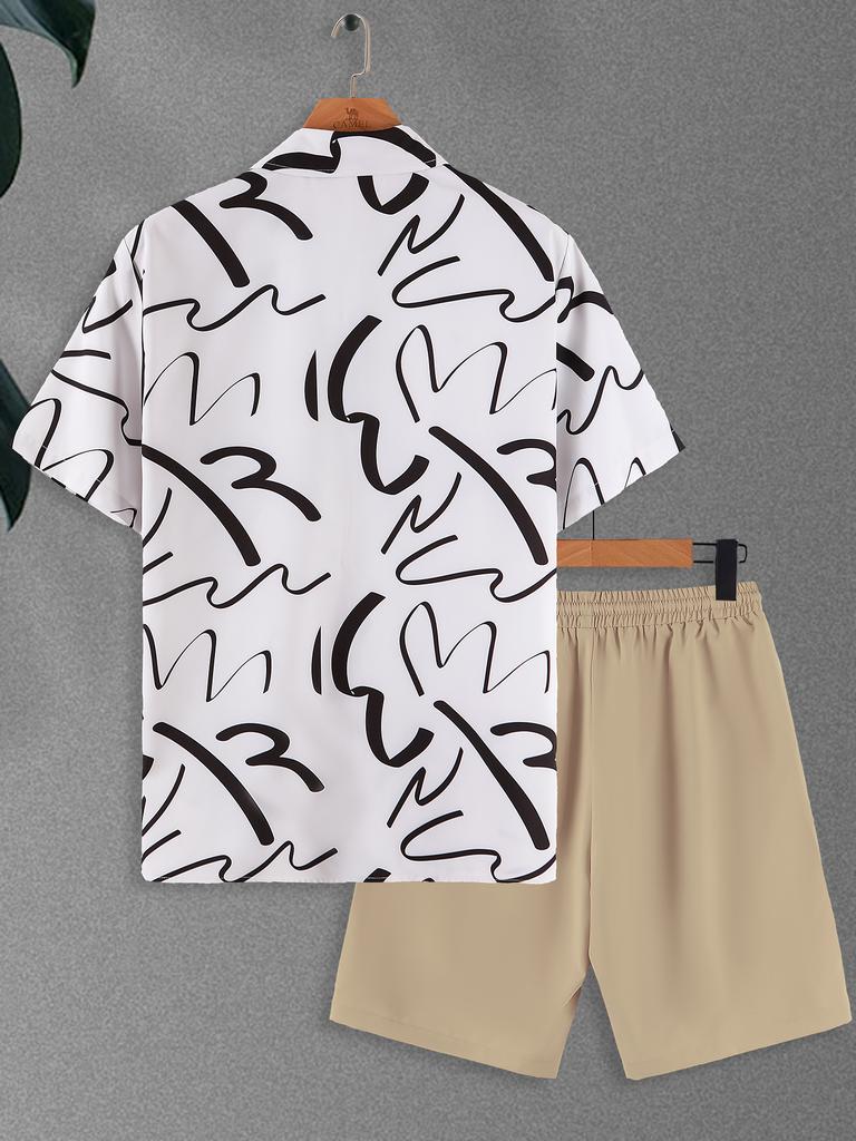 Lightweight Breathable Men's 2-Piece Set, Abstract Print Short Sleeve Shirt & Loose Khaki Shorts, Daily Casual Wear