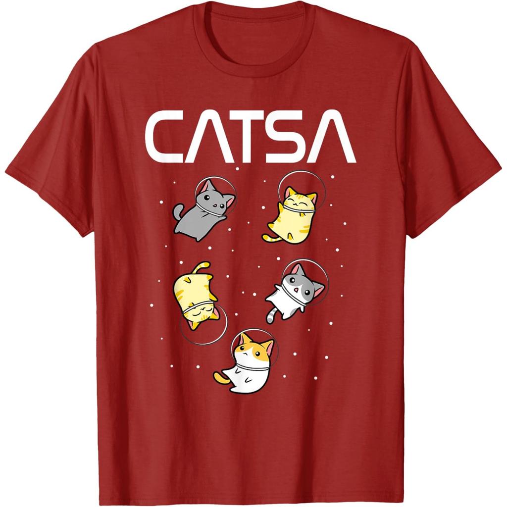 Catsa Astronaut Cats Graphic Tee Funny Space Lover Print Round Neck T-Shirt