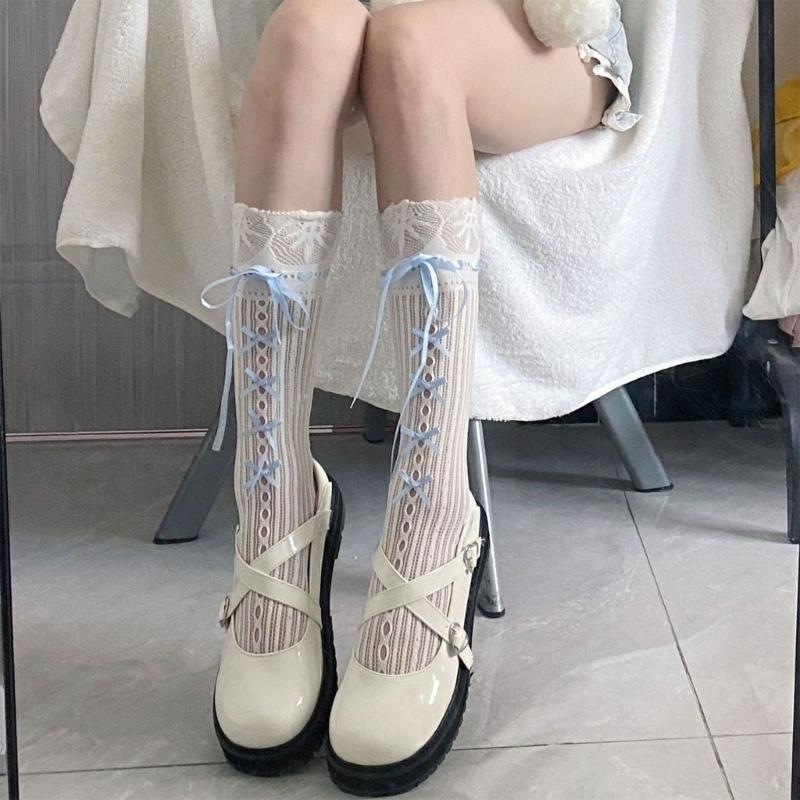 Meia Feminina Estilo Ballet Laço de Fita Meia Aberta Renda Listrada Fishnet Buracos Fishnet Longa Comprimento do Joelho