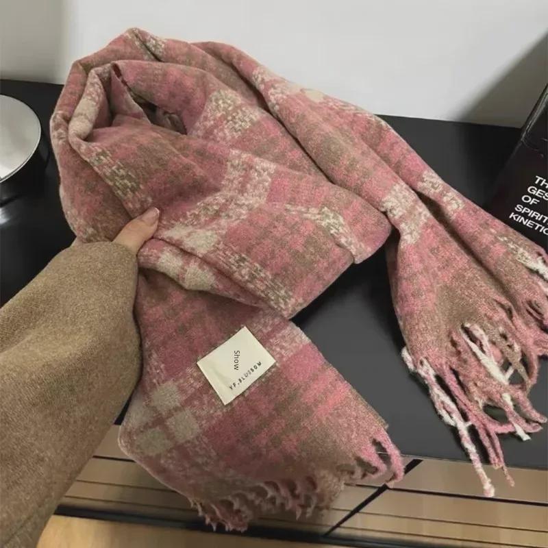 Korean-Style Rose Pink Plaid Scarf: Soft, Warm, Trendy Tassel Shawl for Women