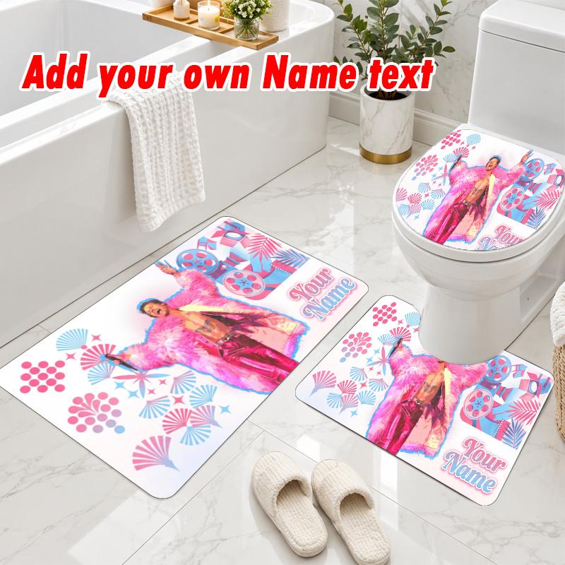 Personalized Harry Styles 3Pcs Flannel Toilet Mat Set Custom Text Bathroom Rug Non Slip
