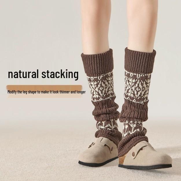 Retro Fair Isle Knit Leg Warmers: Chunky, Slimming Knee-High Socks for Autumn/Winter