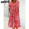 GMXIA 30 Color Pleated Midi Dress Short Sleeve Round Neck Loose Hem Mid-Calf Length Women Floral A-Line Party Dress Casual Wear