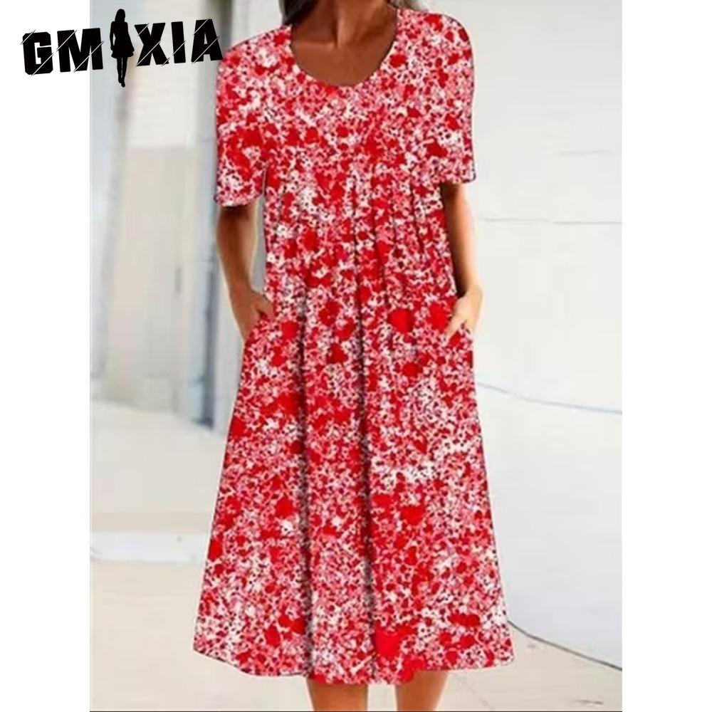 GMXIA 30 Color Pleated Midi Dress Short Sleeve Round Neck Loose Hem Mid-Calf Length Women Floral A-Line Party Dress Casual Wear