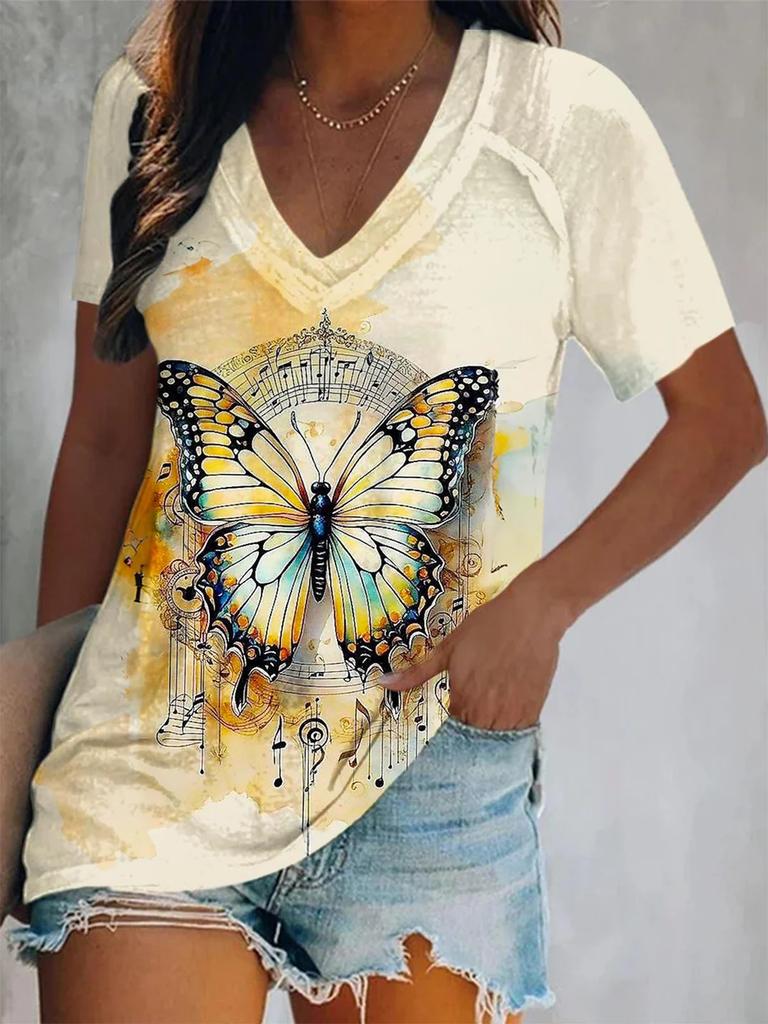 3D Printed Short Sleeve Butterfly Floral Print Women's V-Neck T-Shirt Summer Loose Women's Casual Short Sleeve Top