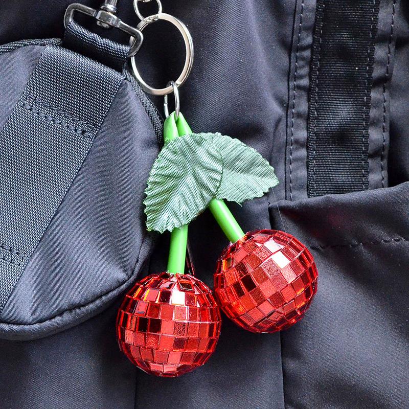 WTEMPO Green Leaves Cherry Shaped Keychains Mini Disco Balls Keychains Car Key/Door Key/Bag/ Backpack Keychain Pendents Festive Home Decor Ornaments