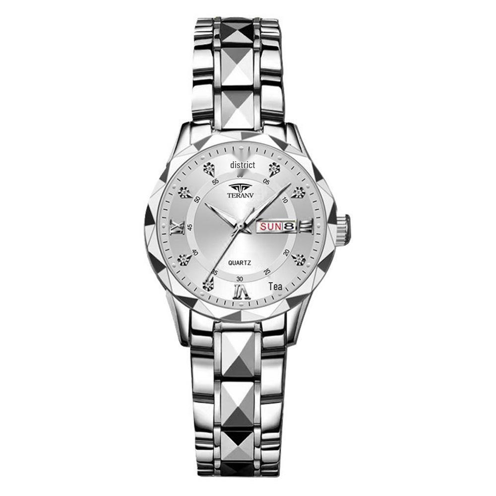 Women's Luminous Diamond Pattern Waterproof Quartz Watch with Double Calendar and Solid Band.