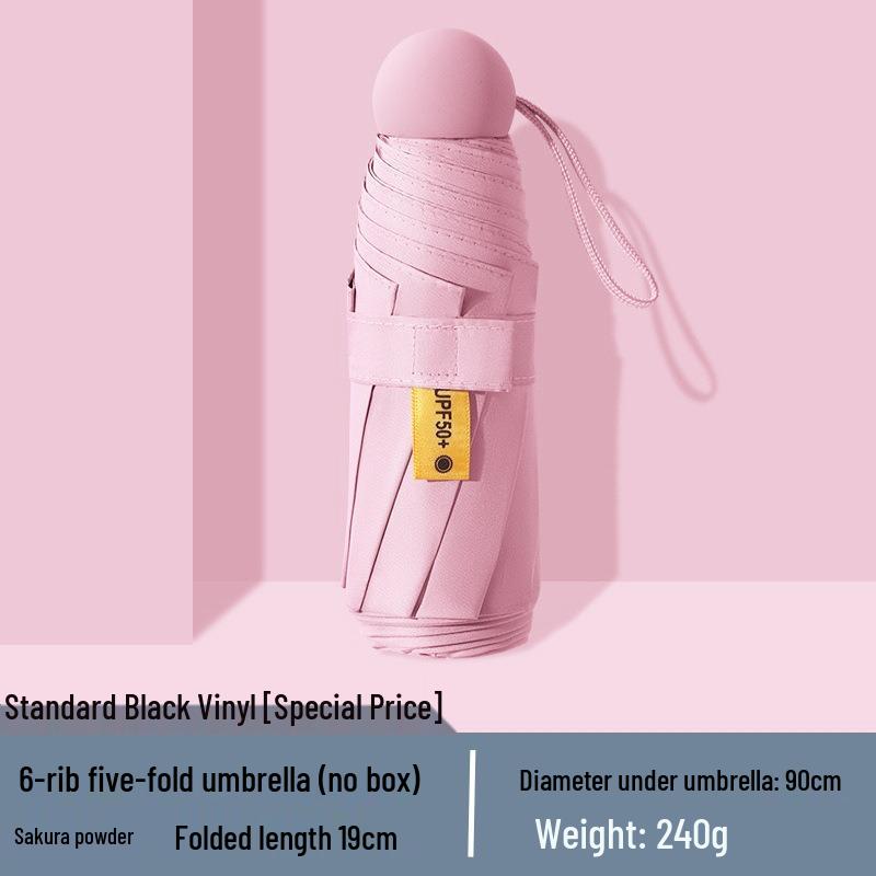 Women's Dual-Use Mini Umbrella: Compact Five-Fold Design, Thickened Fabric, Black Glue for UV Protection, Custom Logo Option