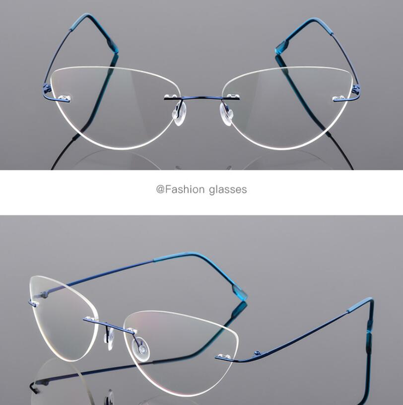 1.61 index Lens Frameless Cat Eye Myopia Eyeglasses Ultralight Rimless Blue Light Blocking Prescription Glasses -0.5 -0.75 to -6