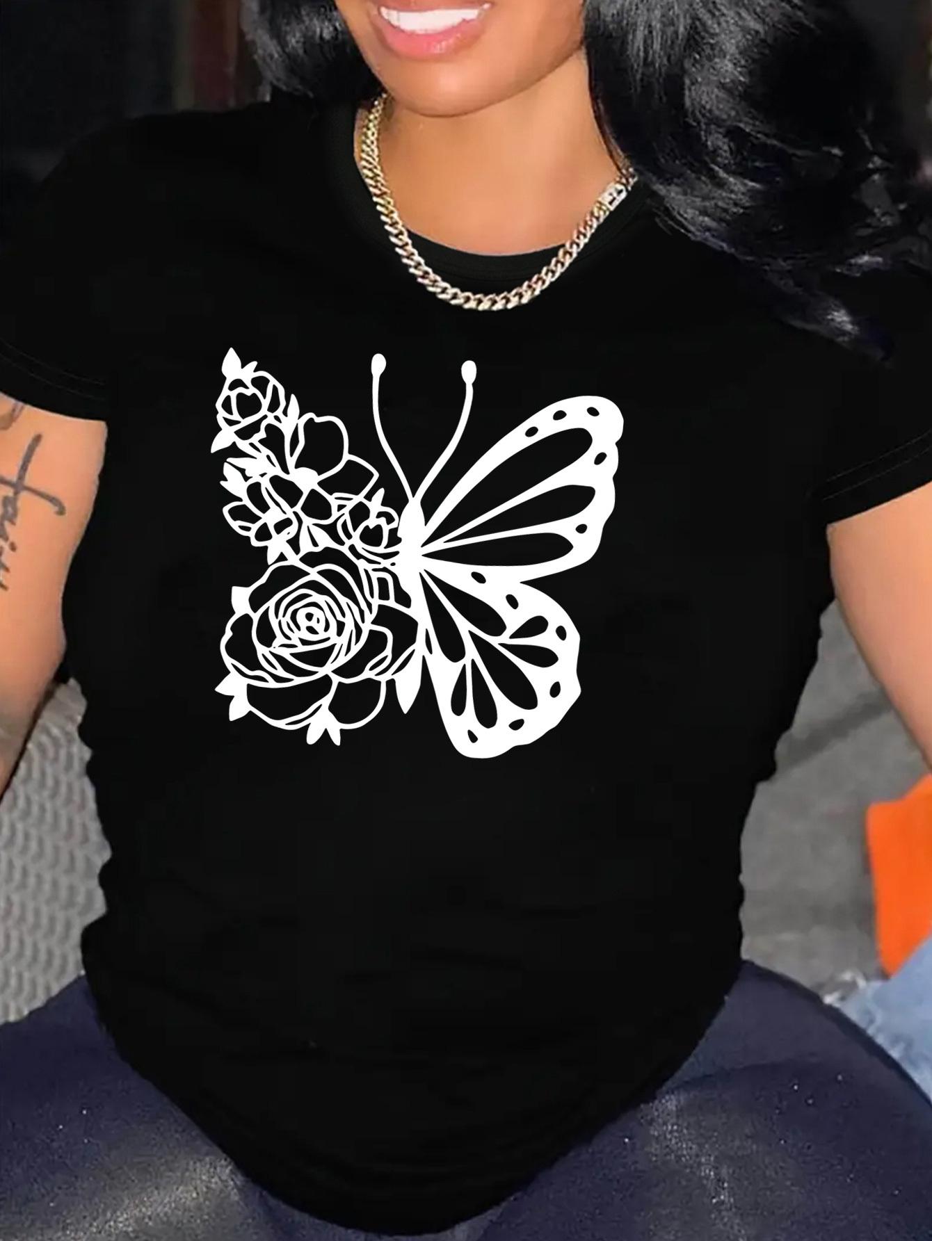 

Womens Daily Fashion Casual Clothing Black and White Comfortable Butterfly Print American Printing ShortSleeved TShirt 4XL