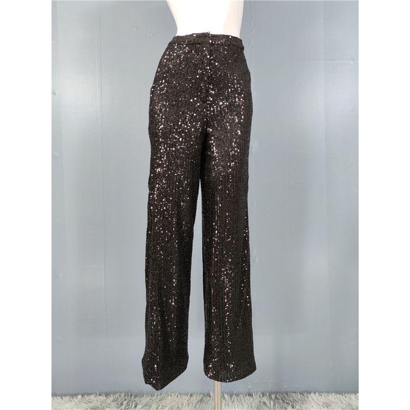 

Export Summer New Arrival Fashion Sexy High Waist Slim Looking Stage Elegant Sequins Shiny Wide-Legged Versatile Personality Trousers Black L/3