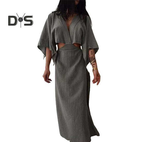 

Женское платье макси с V-образным вырезом, сексуальное облегающее платье с коротким рукавом и разрезом, летнее длинное платье из хлопка и льна для пляжного отдыха S