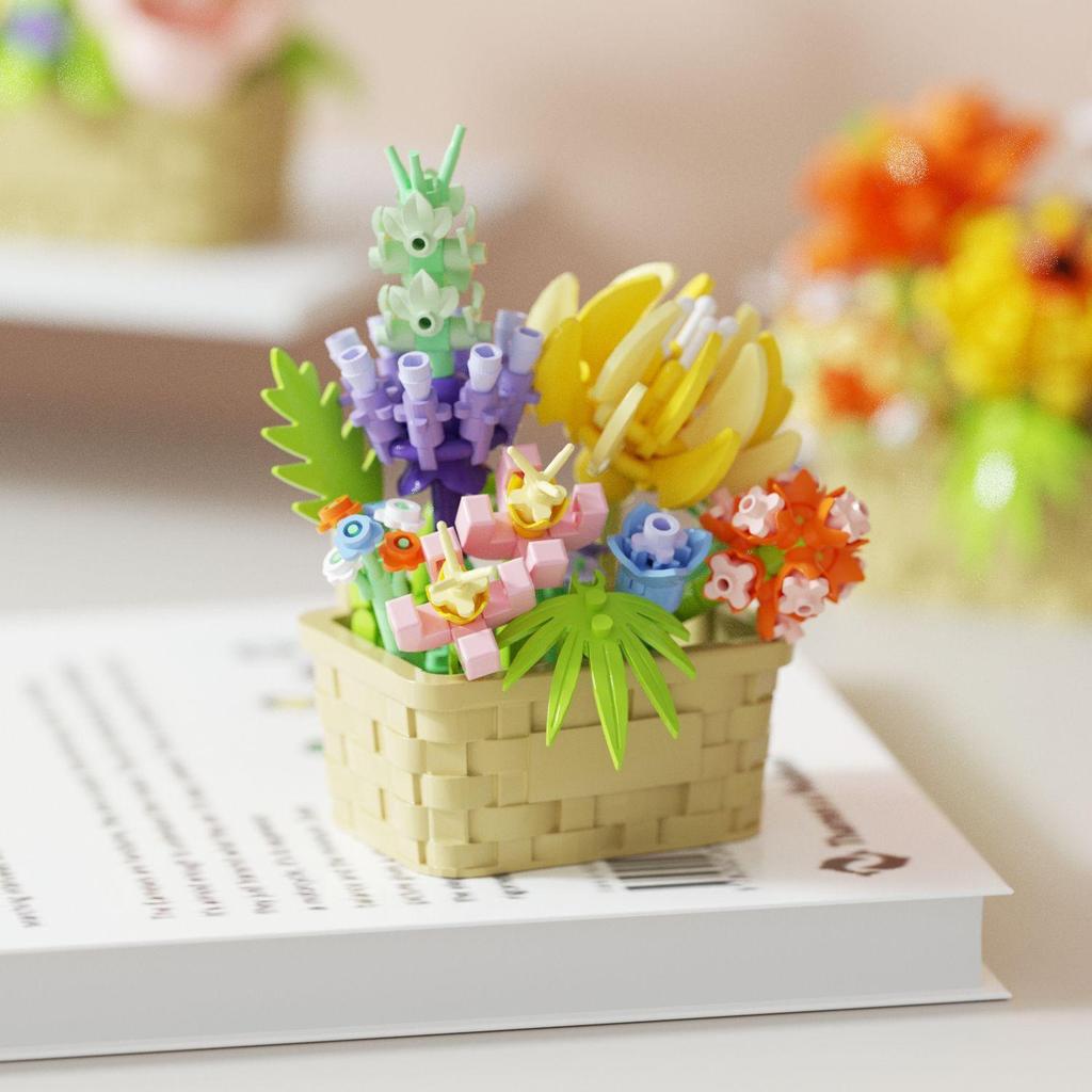 Bright Flower Basket: Preserved Flower & Succulent Building Block Set for Desktop Decor & Birthday Gifts