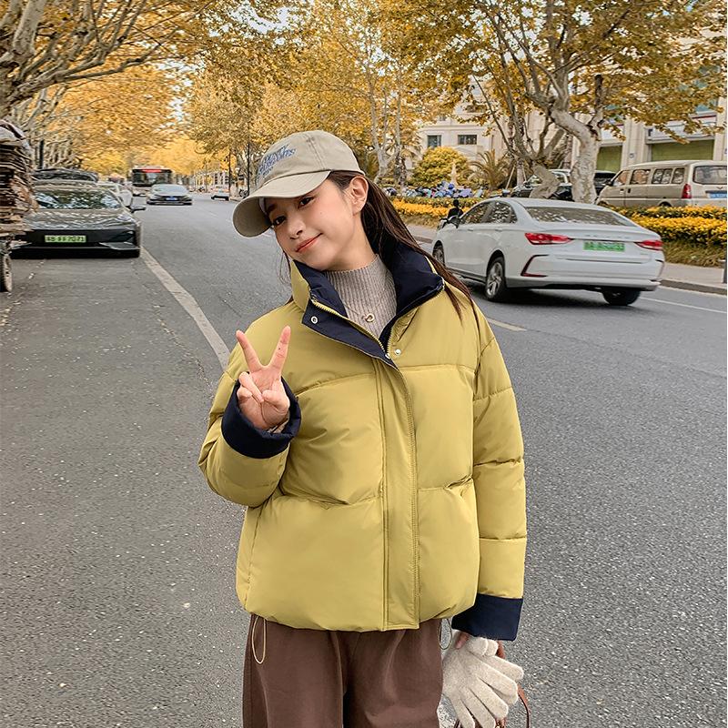 2025 new down cotton clothes women's short stand-up collar loose contrasting colors thickened loose warm bread clothes Korean version jacket