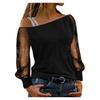 Damenmode Diagonaler Ausschnitt Mesh, Lange Ärmel, Einreihiger Halsansatz Top