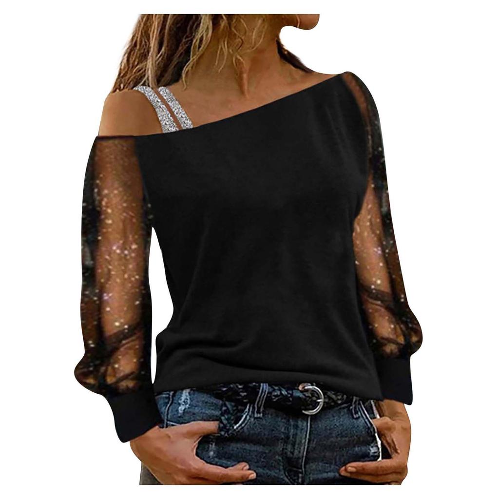 Damenmode Diagonaler Ausschnitt Mesh, Lange Ärmel, Einreihiger Halsansatz Top