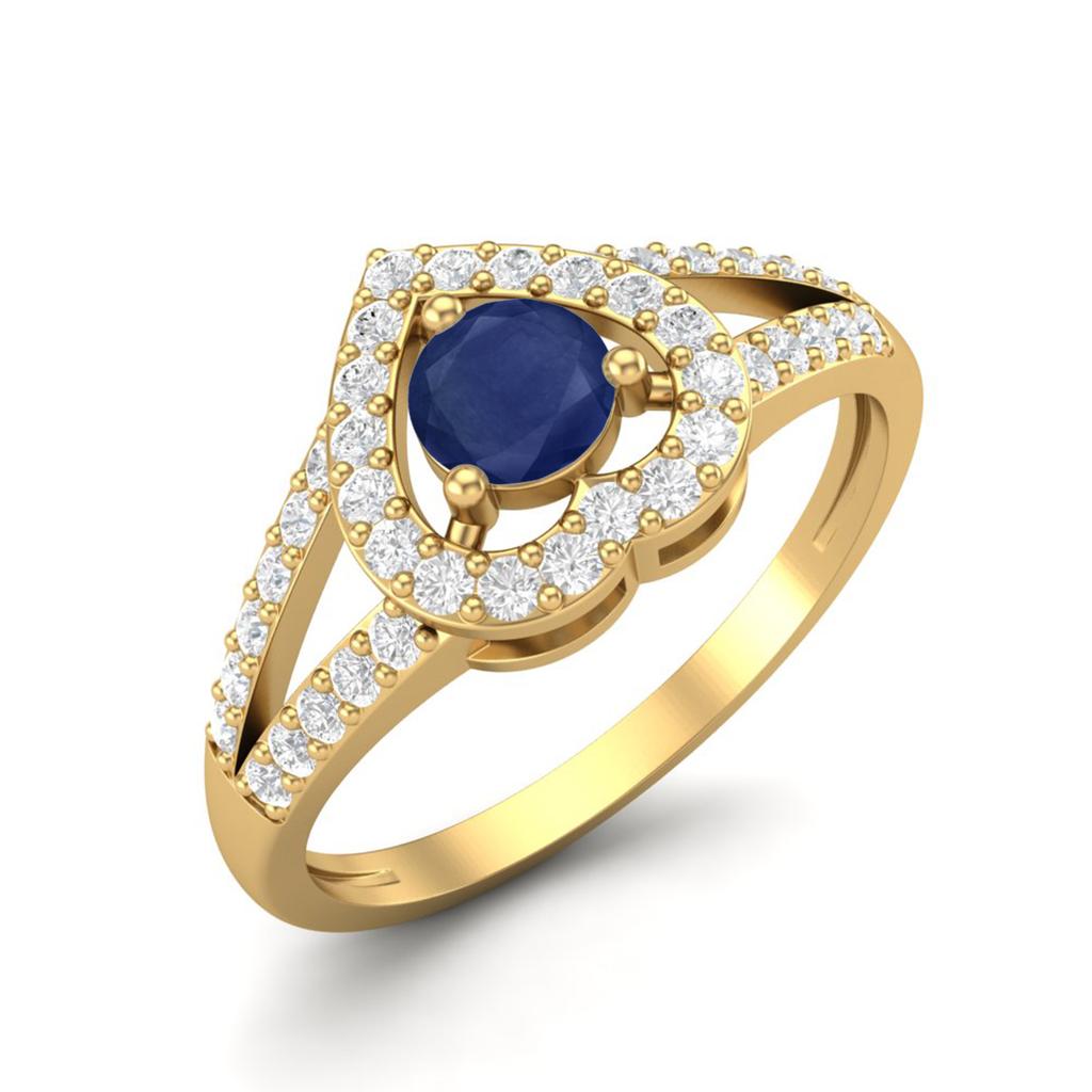 0.92 Cts Round Blue Sapphire 925 Sterling Silver Gold Vermeil Solitaire Accent Heart Women Wedding Ring