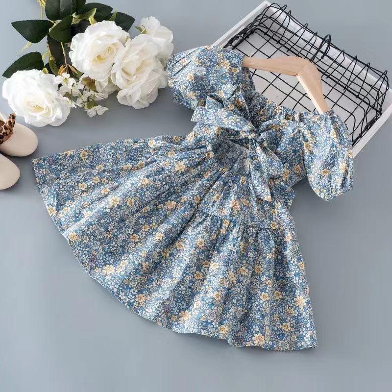 Girls Summer Cotton Floral Princess Dress Stylish Kids Party Dress Pure Cotton Short Sleeve A Line Sundress For Children