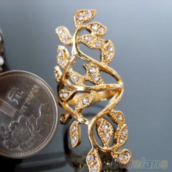 Women's Fashion Shiny Rhinestone Hollow Leaf Joint Armor Knuckle Ring Jewelry