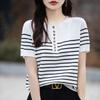 Summer Fashion Loose Striped Short-sleeved T-shirt Women's Contrasting Color Half-open Neck Knitted Half-sleeved Women's Top