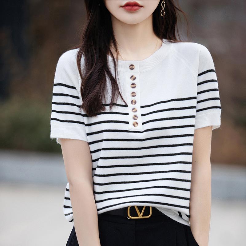 Summer fashion loose striped short-sleeved T-shirt women's contrasting color half-open neck knitted half-sleeved women's top