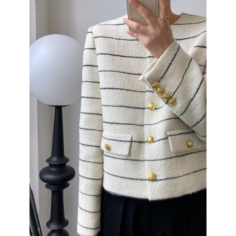 Striped Top Women's Short Small Single-breasted Design Sense Niche Sense Wool Jacket