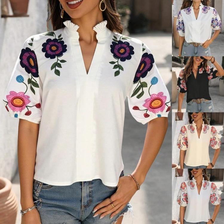 Nuova Maglietta Top alla Moda Ricamata Scollo a V Manica Lunga Collo Alto Primavera Estate
