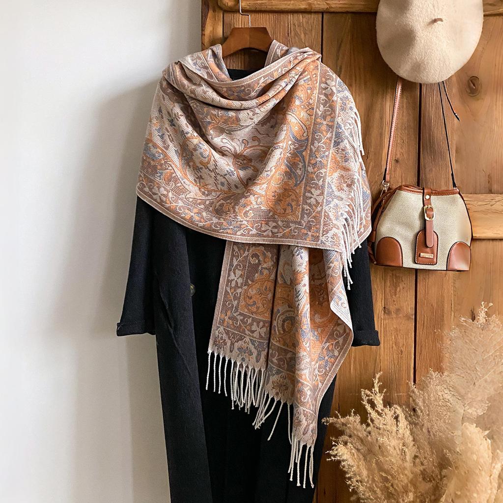 025 Imitation Cashmere Jacquard Scarf Shawl Fringed Retro Cashew Flower Ethnic Style Dual-use