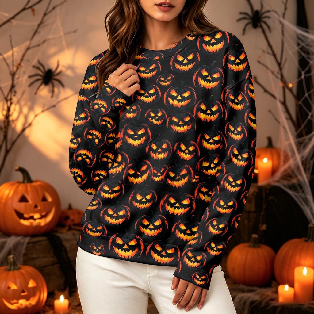 Women's Fashion Casual Long Sleeve Crewneck Sweatshirt with Halloween Print