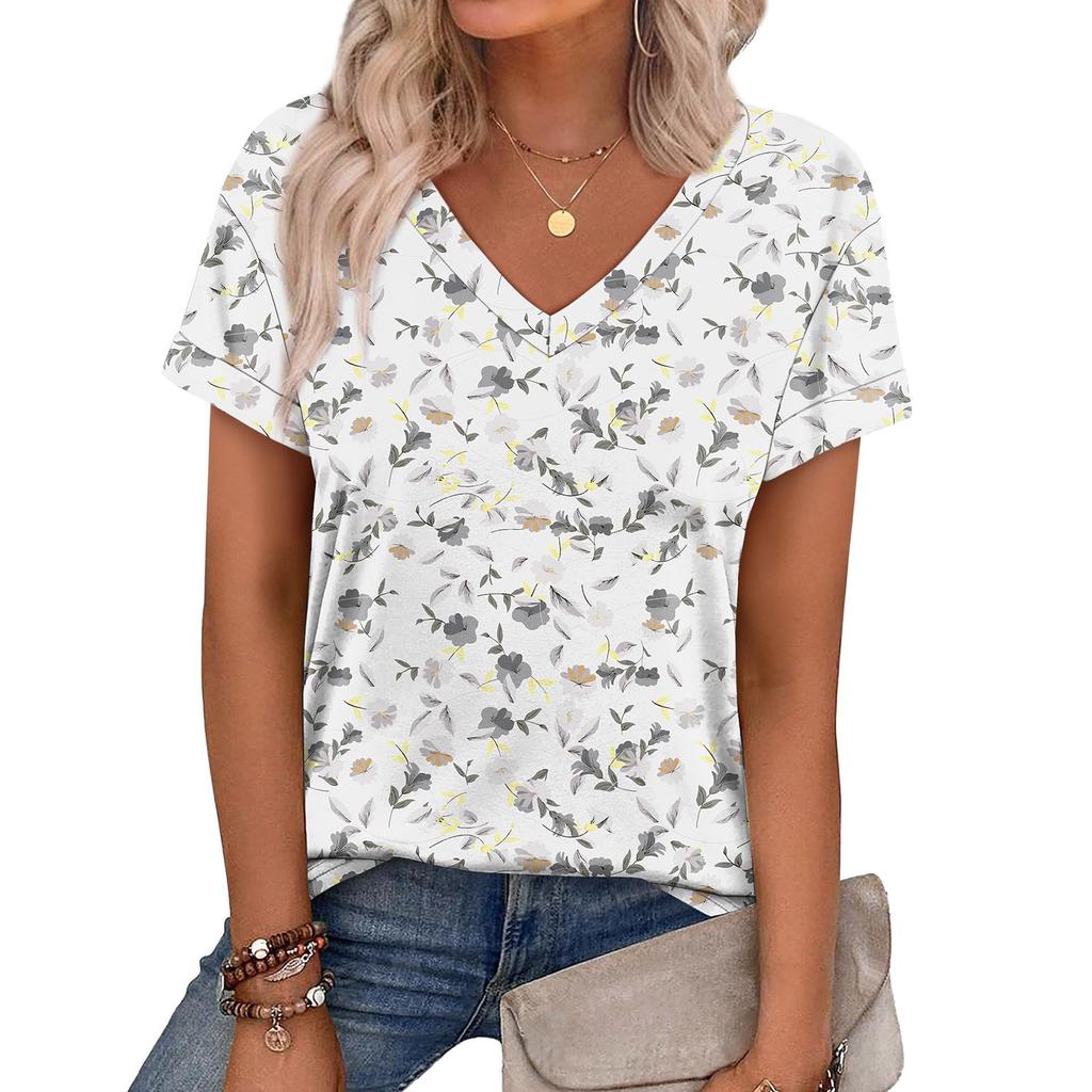 Women's V Neck Short Sleeve Casual Top Lightweight Loose Fit Pullover Blouse with Printed Pattern for Spring Summer Wear