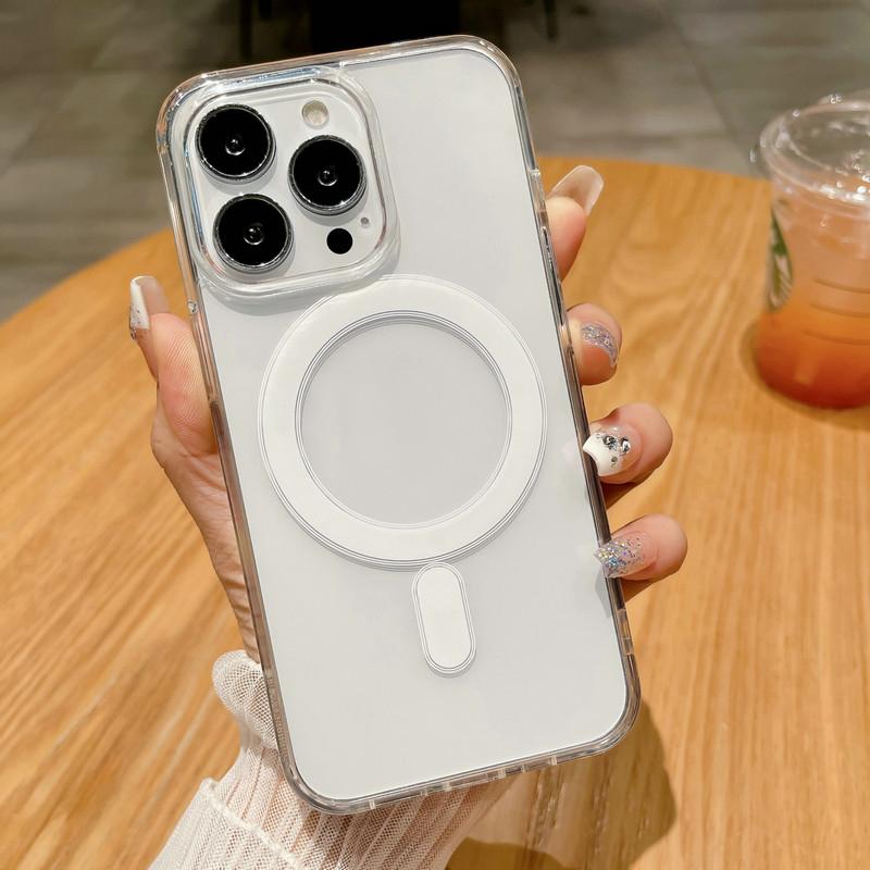 Transparent Acrylic + TPU 2in1 Magnetic Wireless Charging Clear Case Hard Back Case Compatible for iPhone Samsung